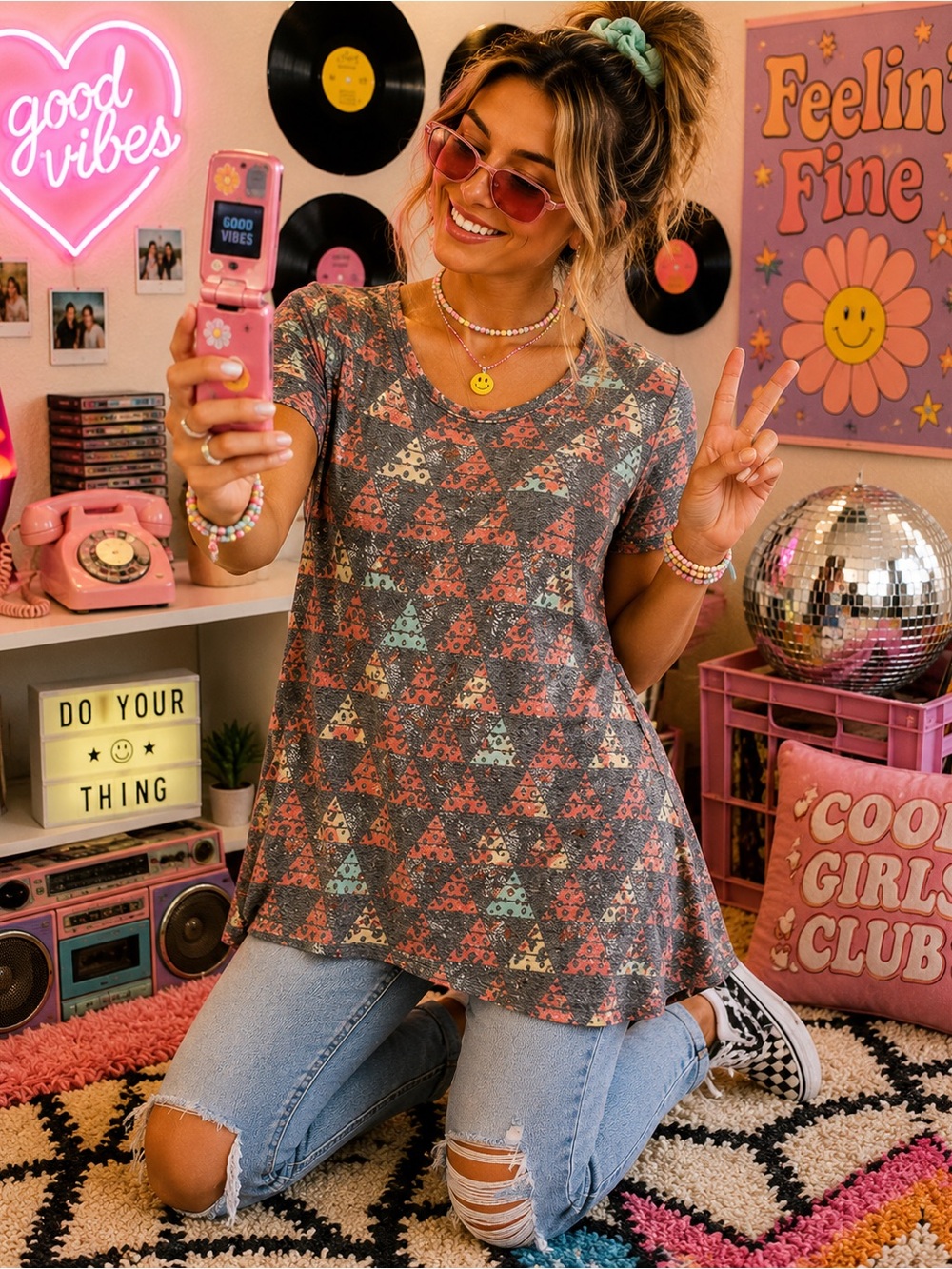 Geometric Abstract Print Swing top XXS Gray Coral Mint Boho Tunic NWT